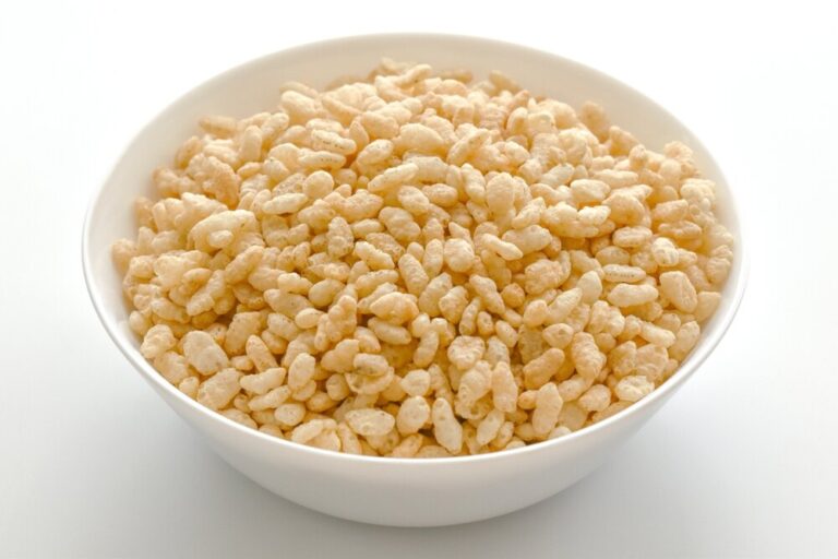 Rice crispy in a white bowl.