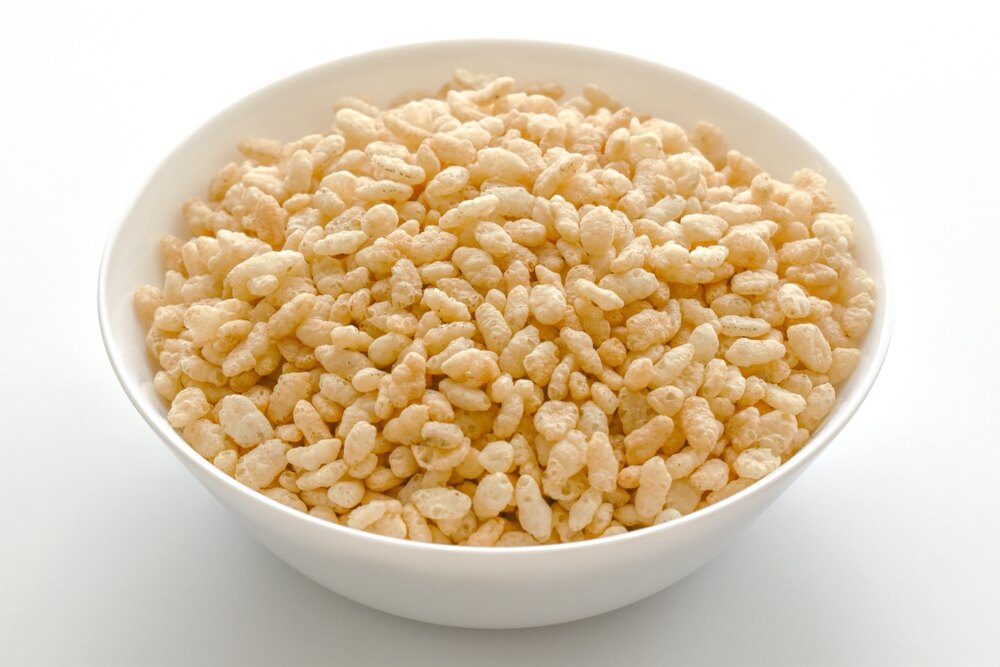 Rice crispy in a white bowl.