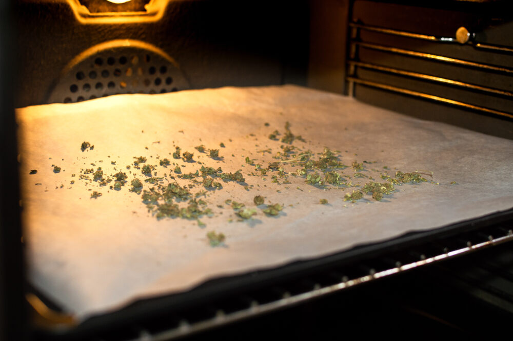 cannabis buds going into oven for decarboxylation