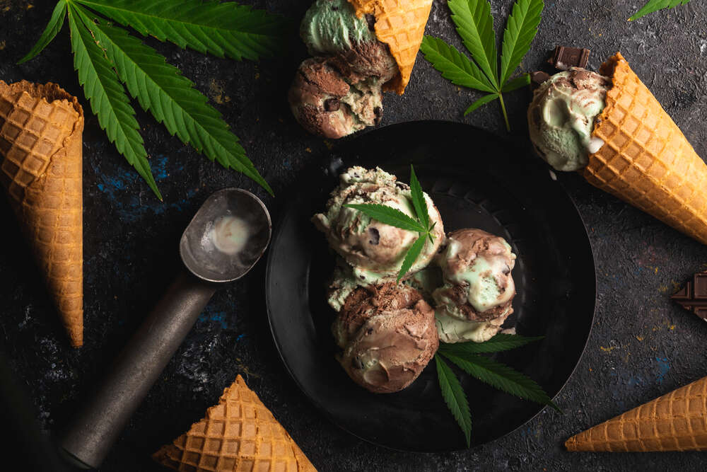 cannabis chocolate swirl ice cream with marijuana leaves