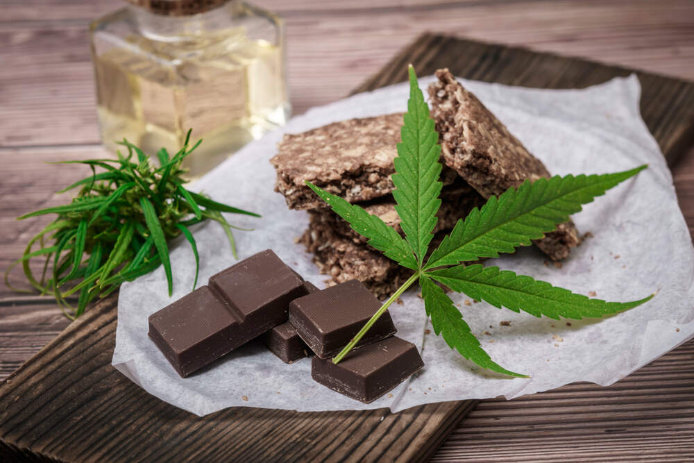 cannabis breakfast bar and cannabis chocolate with a cannabis leaf