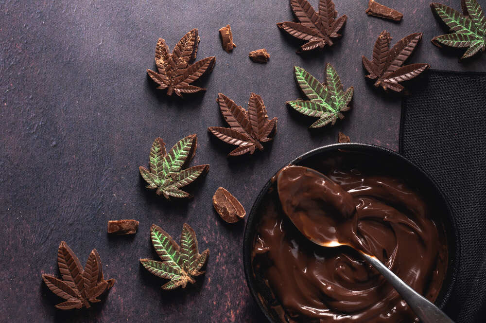 homemade chocolate cannabis edible leaves with chocolate sauce