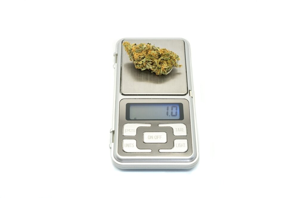a cannabis bud on electric scale