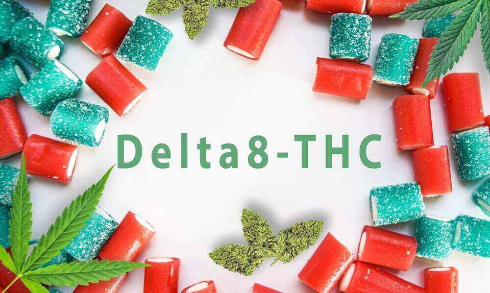 Delta-8-THC writing with gummies and cannabis leaves