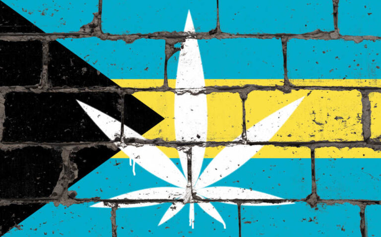 Bahamas flag on brickwall with a white cannabis leaf drawing